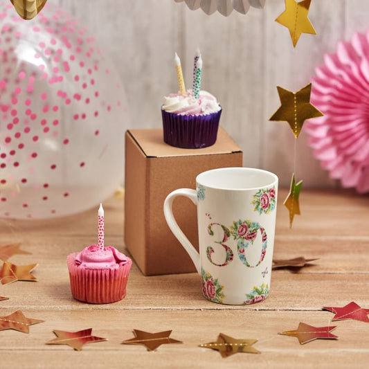 30th Birthday Mug Stoneware Pink Flowers