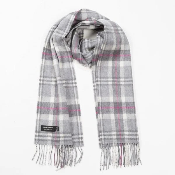 Merino Luxury Wool Scarf Pale Grey White & Pink Check