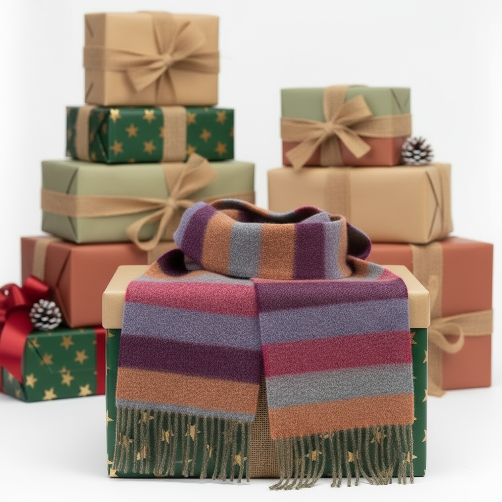 Irish Wool Scarf Long Purple Orange Pink Stripe Herringbone