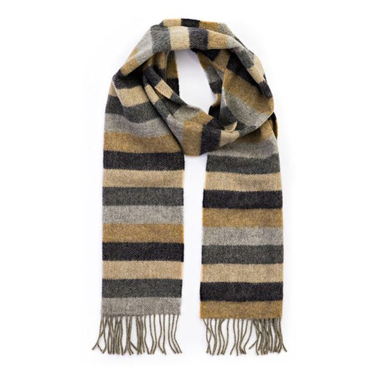 Irish Wool Scarf Long Grey Camel Silver Stripe Herringbone