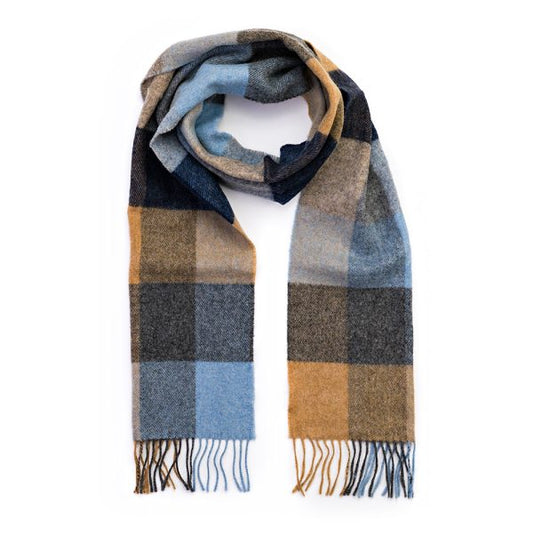 Irish Wool Scarf Long Beige Grey Blue Silver Navy Block Check
