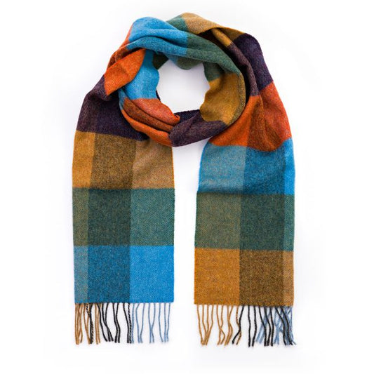 Irish Wool Scarf Long Mustard Green Blue Orange Blackberry Check