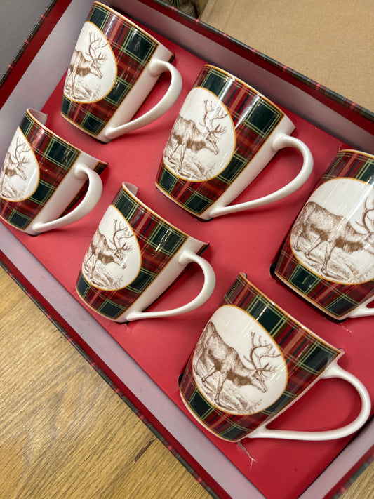 Aynsley Tartan Reindeer Mugs Set of 6