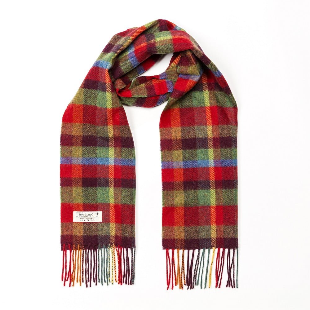 Irish Wool Scarf Short Red Green Yellow Check
