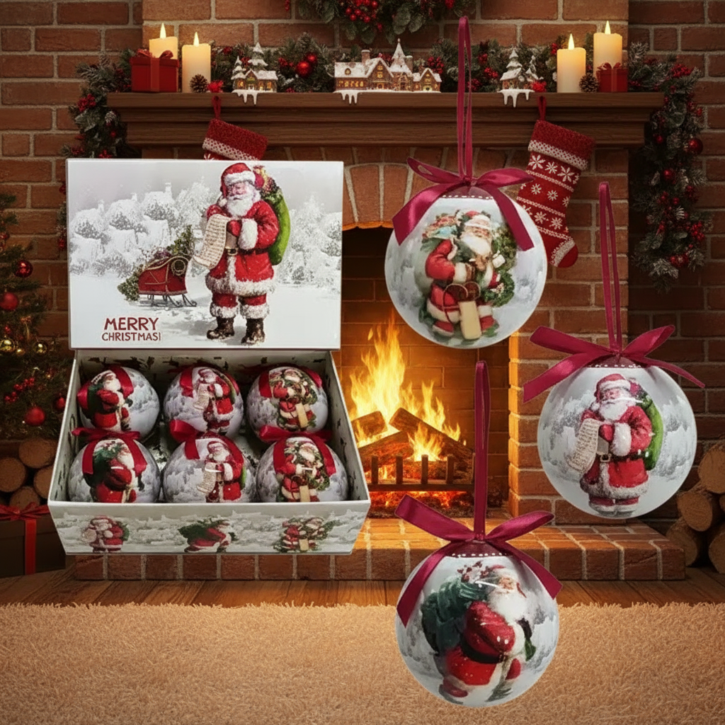 Set of 6pcs 75mm Baubles w/santa scene in a rectangular Gift Box
