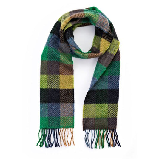 Irish Cashmere Merino Scarf Green Denim Charcoal Herringbone Block