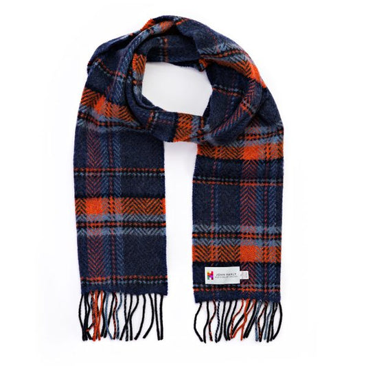 Irish Cashmere Merino Scarf Denim Orange Navy Check