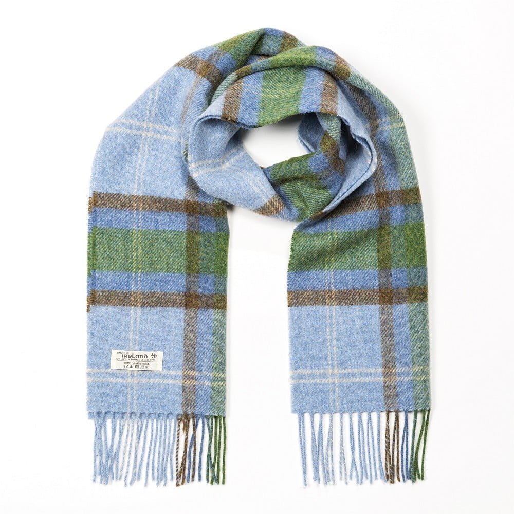 Irish Wool Scarf Short Light Blue Green Check