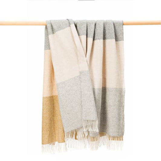 Merino Lambswool Blanket Camel Beige Grey Herringbone Stripe
