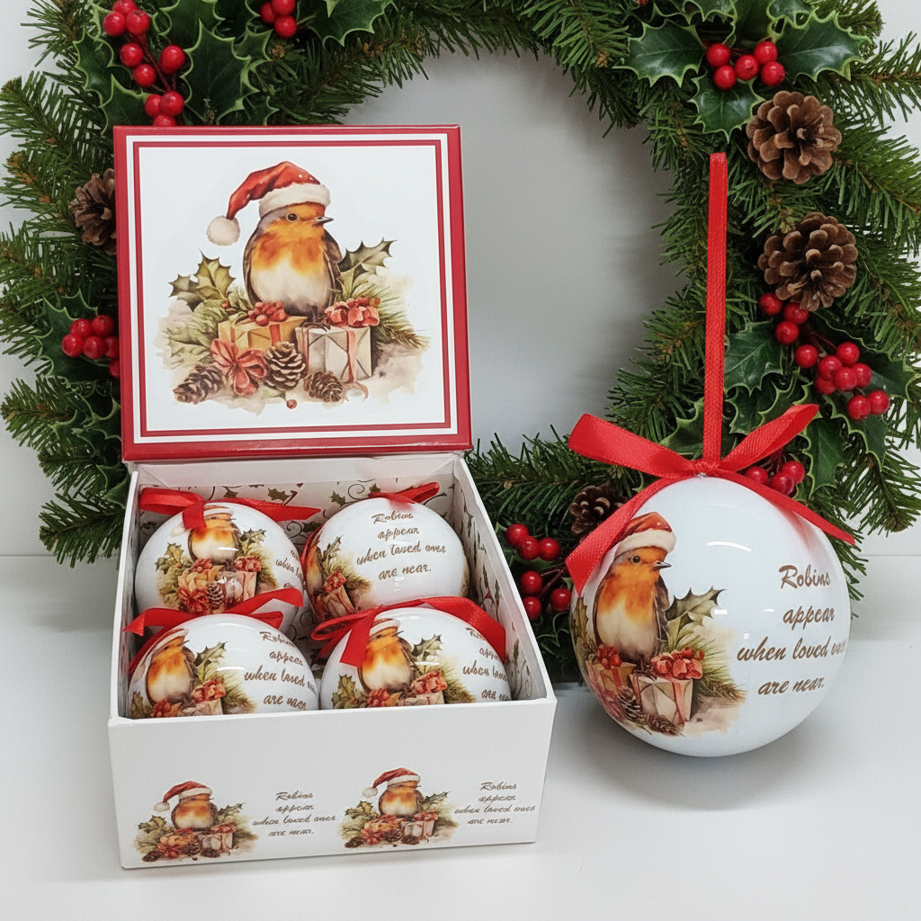 Set of 4pcs 75mm Baubles w/Single robin msg scene in a square gift box