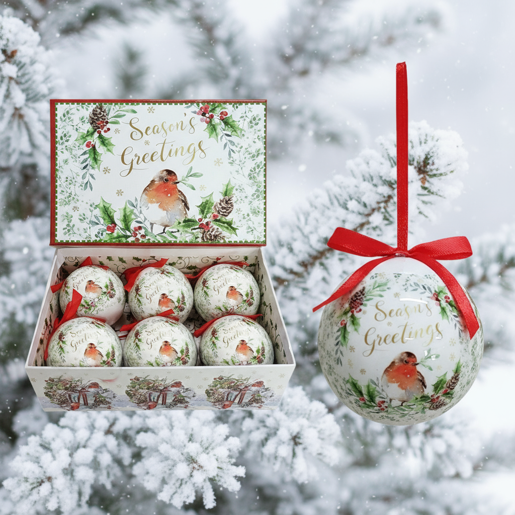 Set of 6pcs 75mm Baubles w/christmas robin scene in a rectangular gift box