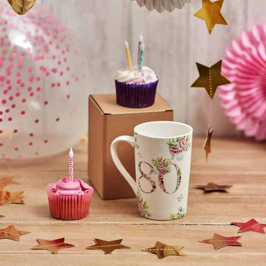 80th Birthday Mug Stoneware Pink Flowers