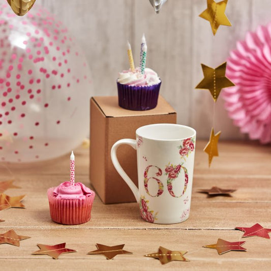 60th Birthday Mug Stoneware Pink Flowers
