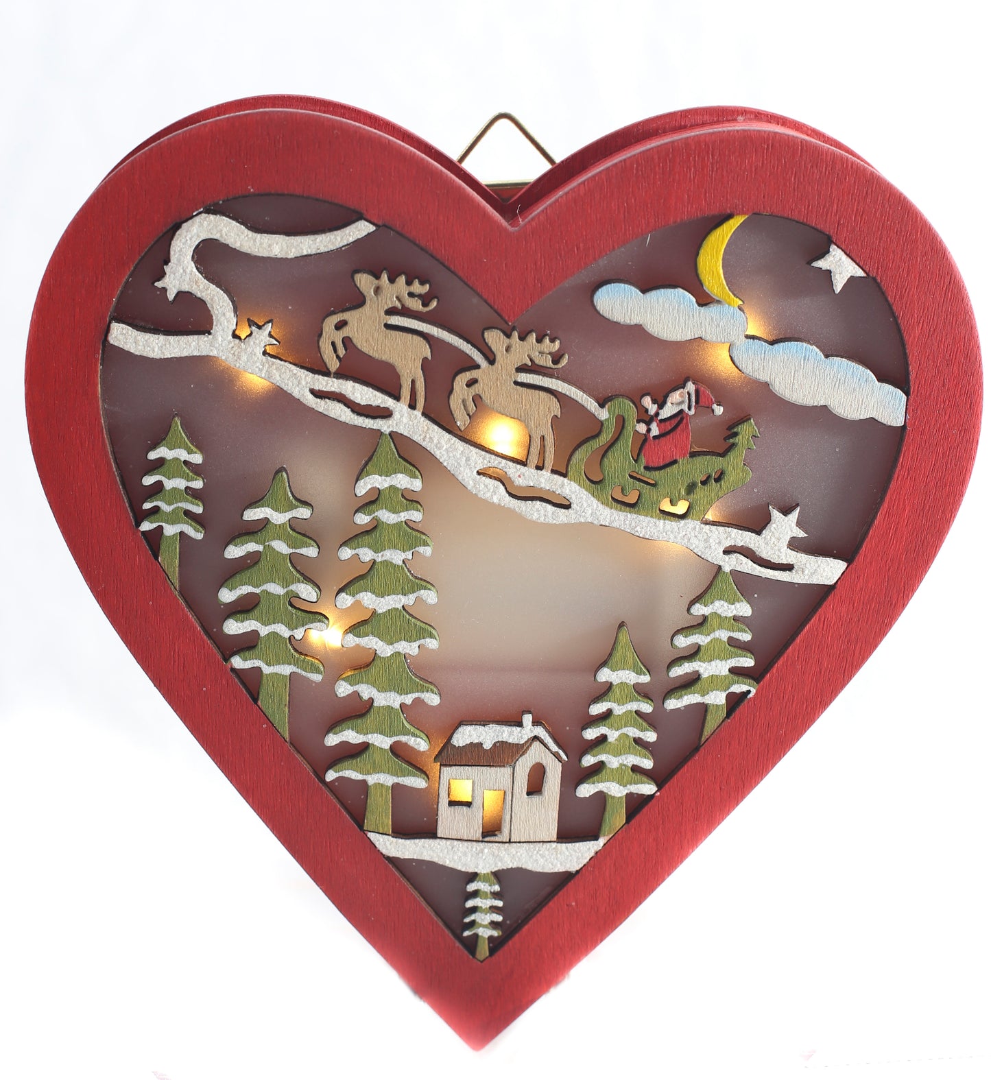 Large Red wooden heart w/Christmas scene w/light inside