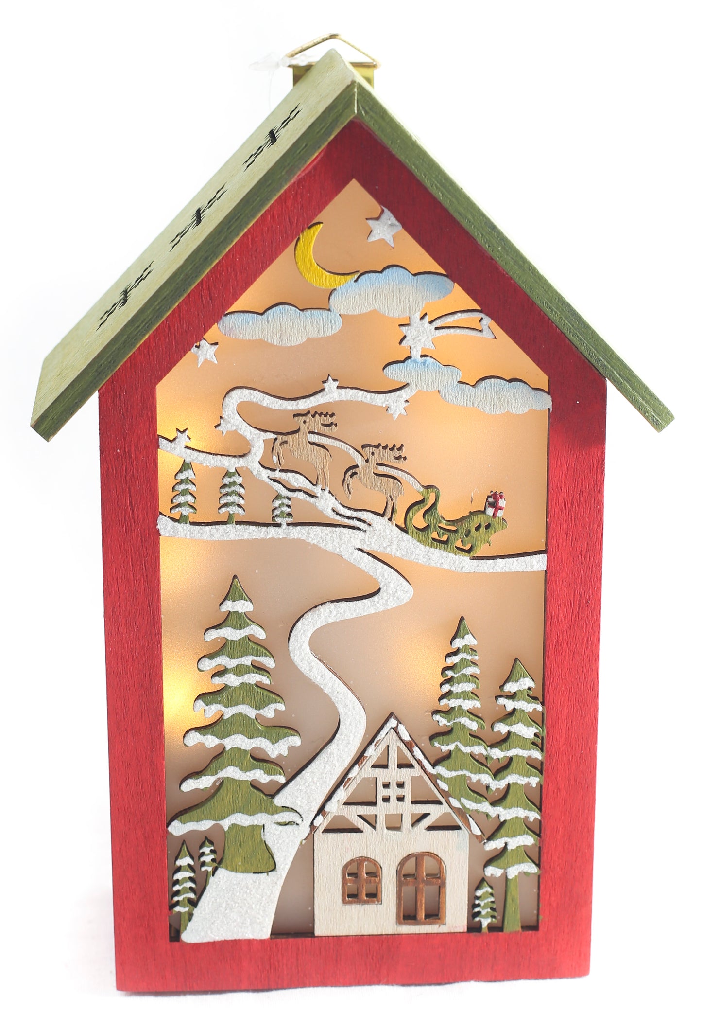 Red wooden house with Christmas scene