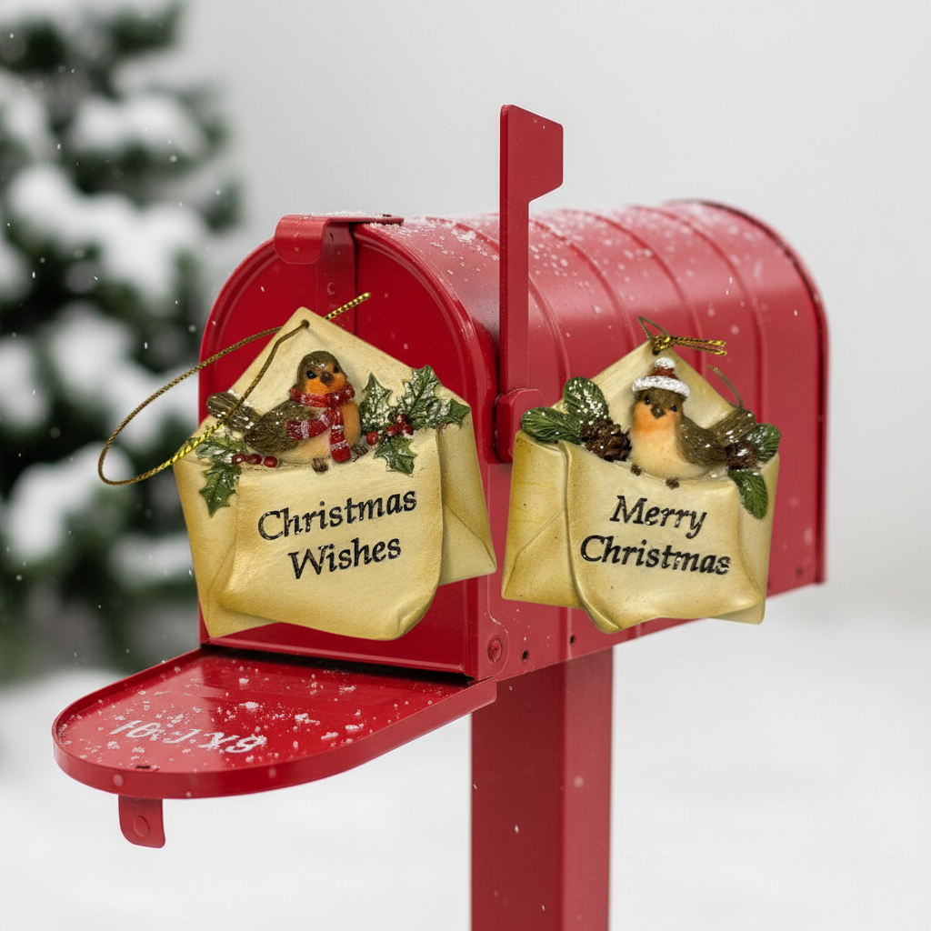 Robins in envelope tree trims 2ass 7x2x8cm