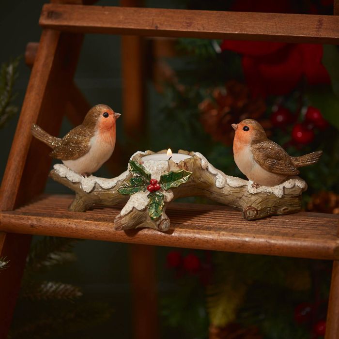 XMAS DOUBLE ROBIN ON BRANCH TEA LIGHT HOLDER