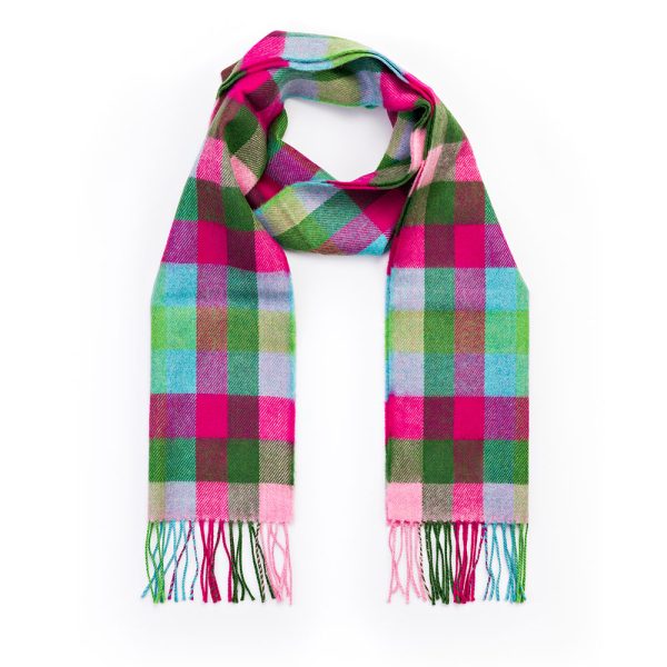 Merino Luxury Wool Scarf Pink Raspberry Blue Green Block Check