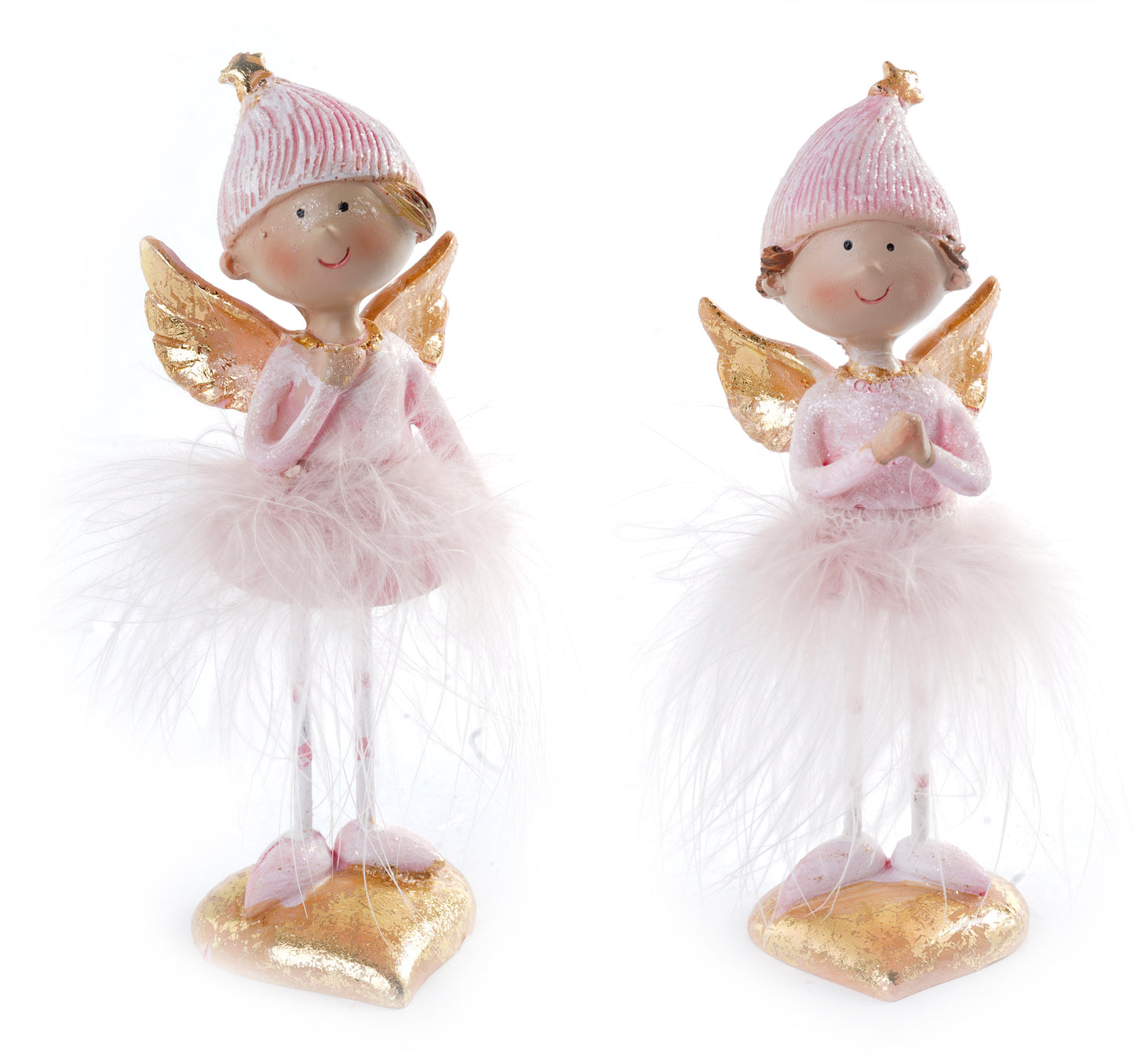 Standing Pink Angel with gold wing, feather skirt