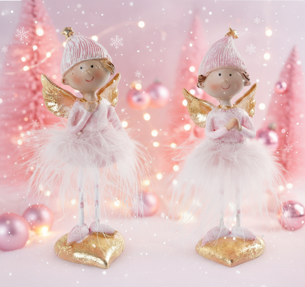 Standing Pink Angel with gold wing, feather skirt