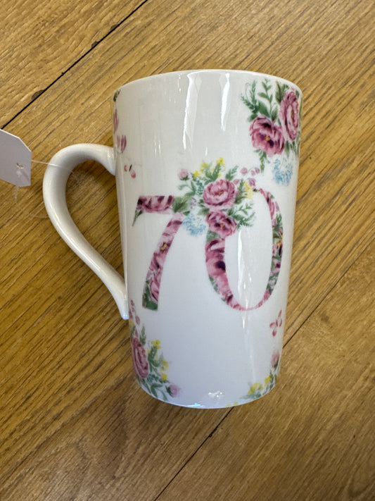 70th Birthday Mug Stoneware Pink Flowers