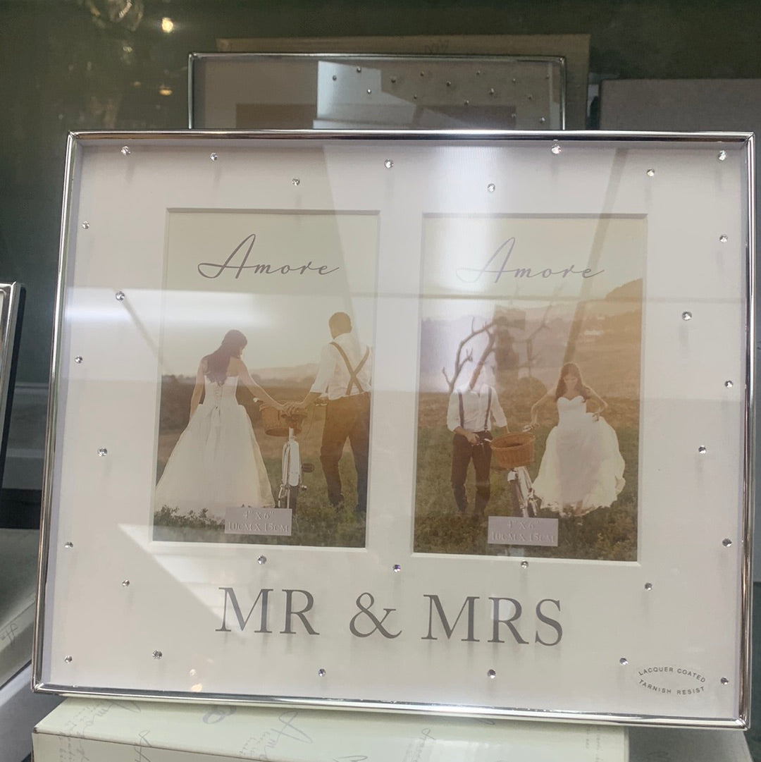 Silver Plated Box Frame with Crystals 4" x 6" Mr & Mrs Double
