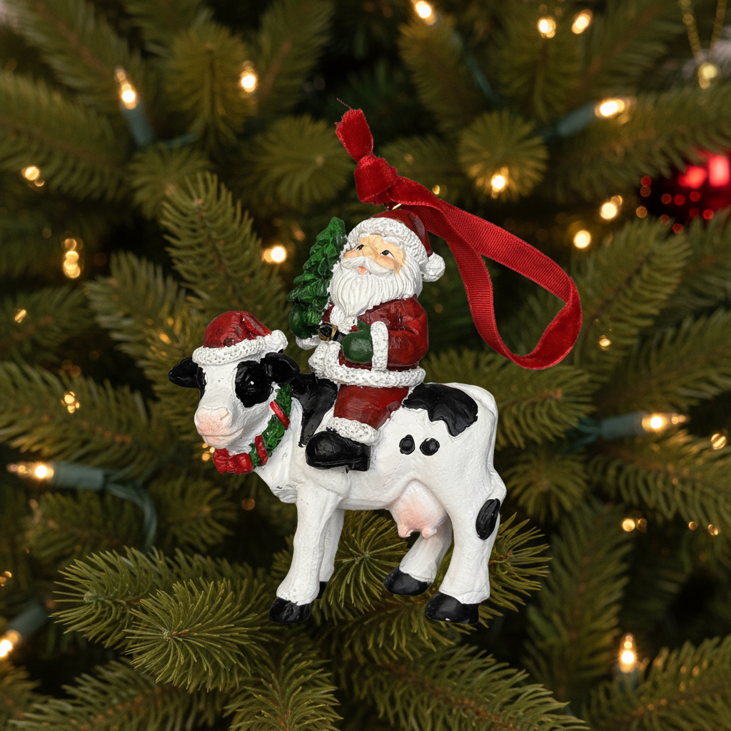 Santa on cow tree trim 6x3.5x8cm