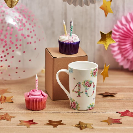 40th Birthday Mug Stoneware Pink Flowers