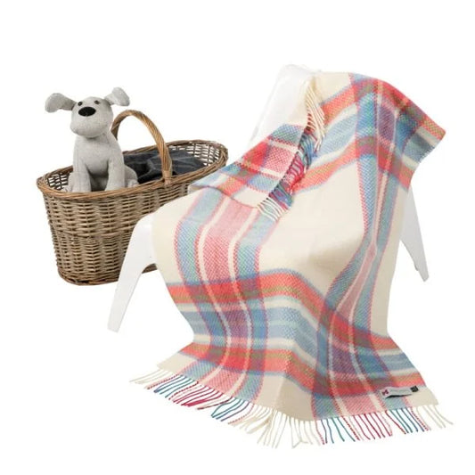 Baby Blanket Merino Cashmere White Pink Blue Border Check In A Presentation Box