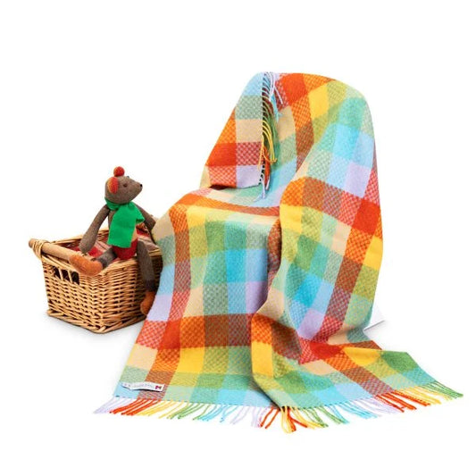 Baby Blanket Lambswool Multicolour Block Check Basket Weave In A Presentation Box