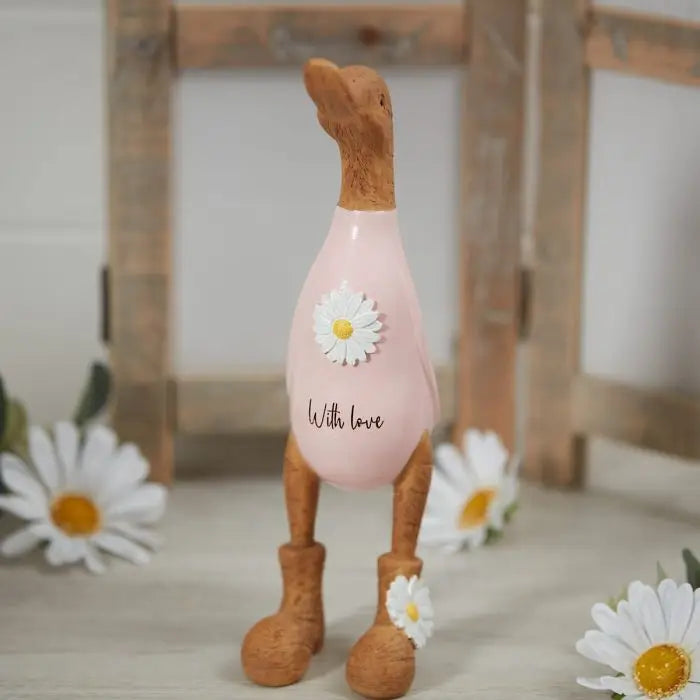 Resin Duck Ornament Pink with Daisy Wood effect