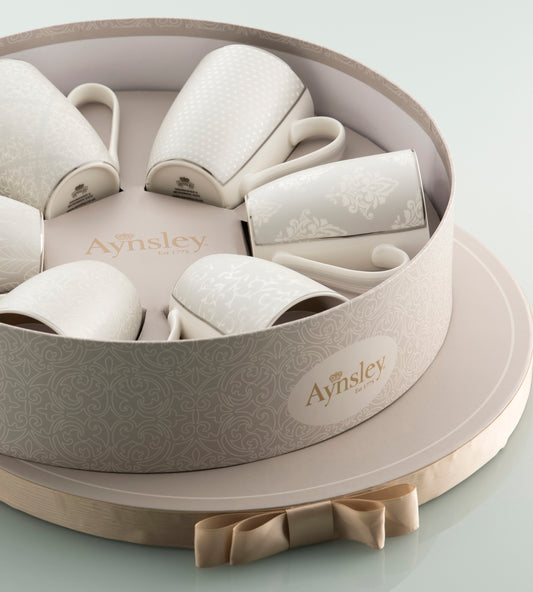 AYNSLEY SILVER BROCADE SET OF 6 MUGS