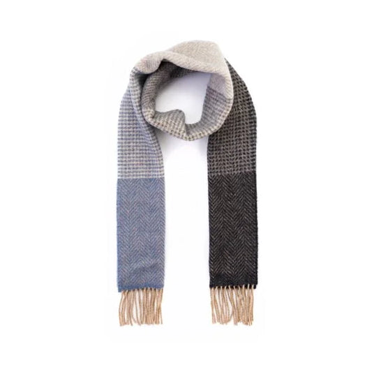 Irish Cashmere Merino Scarf Grey to Blue Mixed Plaid
