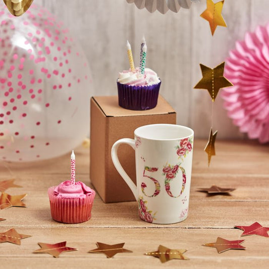 50th Birthday Mug Stoneware Pink Flowers