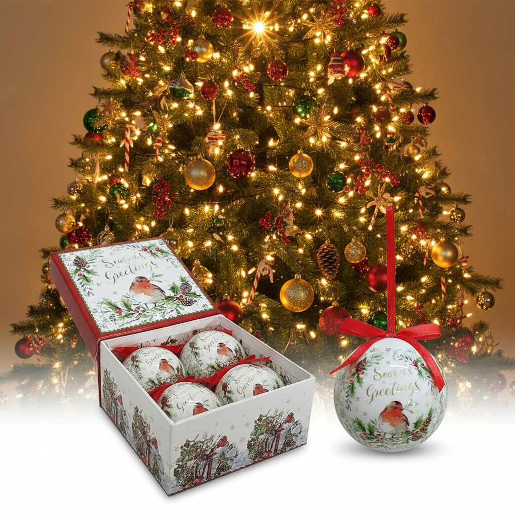 Set of 4pcs 75mm Baubles w/christmas robin scene in a square gift box