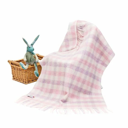 Baby Blanket Merino Cashmere Baby Pink And Lilac Block Check In A Presentation Box