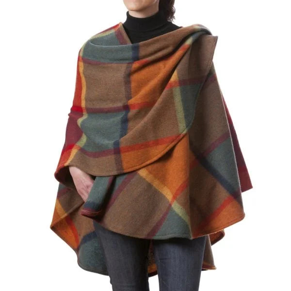 Lambswool Cape Orange Green Yellow Wine Check