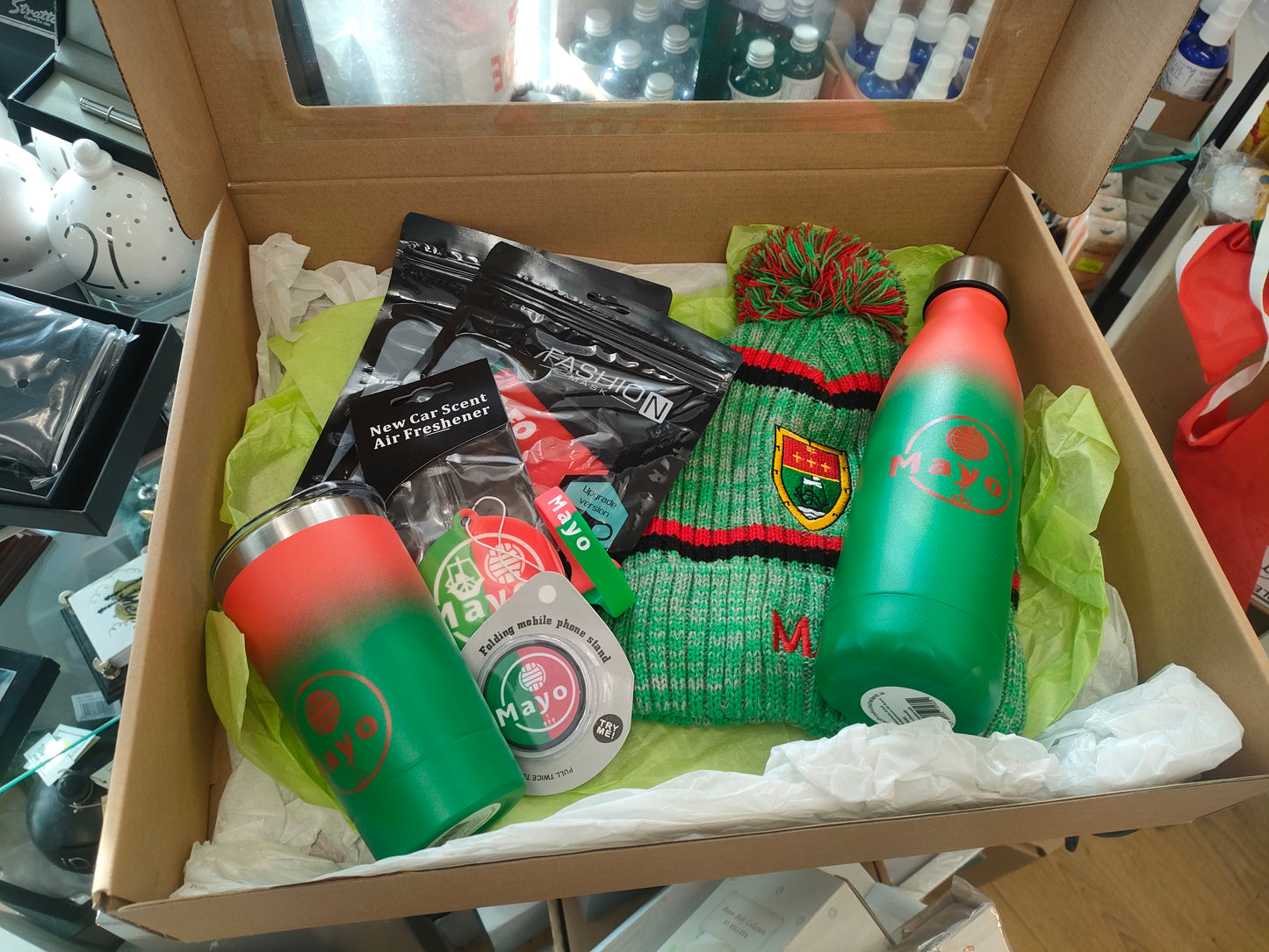 Mayo Supporter Kit - Fleece Lined Bobble Hat, Double walled flask bottle, Stainless steel Coffee cup, Car air freshener, Pop socket, wristband & two Masks