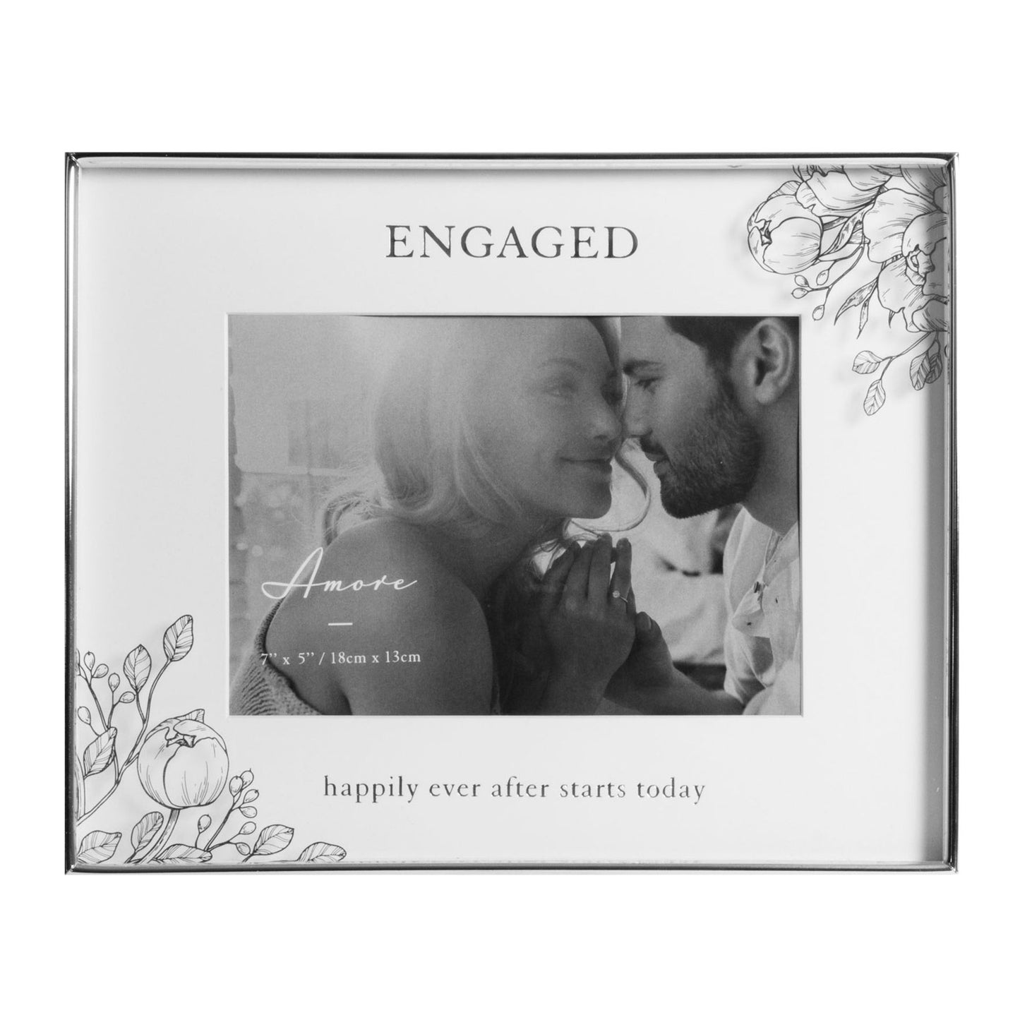 Silver Foil Floral Detail Frame 7" x 5" Engaged-Happily..