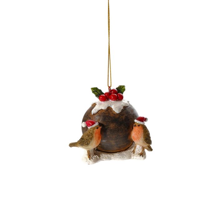 FESTIVE RESIN ROBINS WITH CHRISTMAS PUDDING HANGER