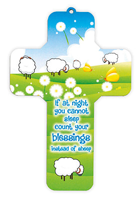wood cross 7 1/4"sheep count blessings