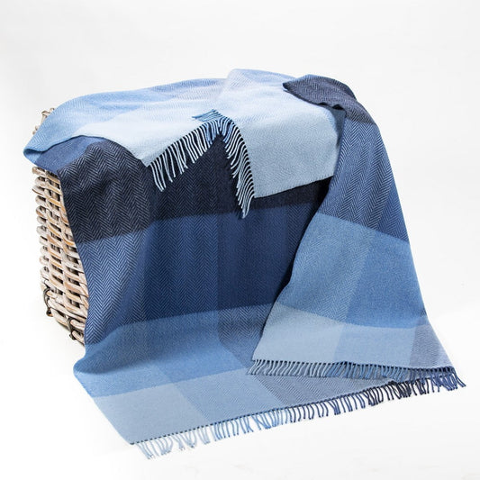 Merino Wool Cashmere Throw Blue Mix Herringbone Block