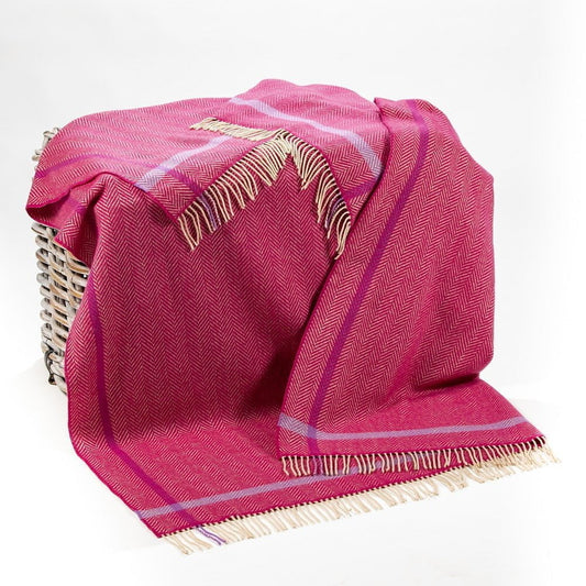 Merino Wool Cashmere Throw Raspberry Cream Purple Herringbone