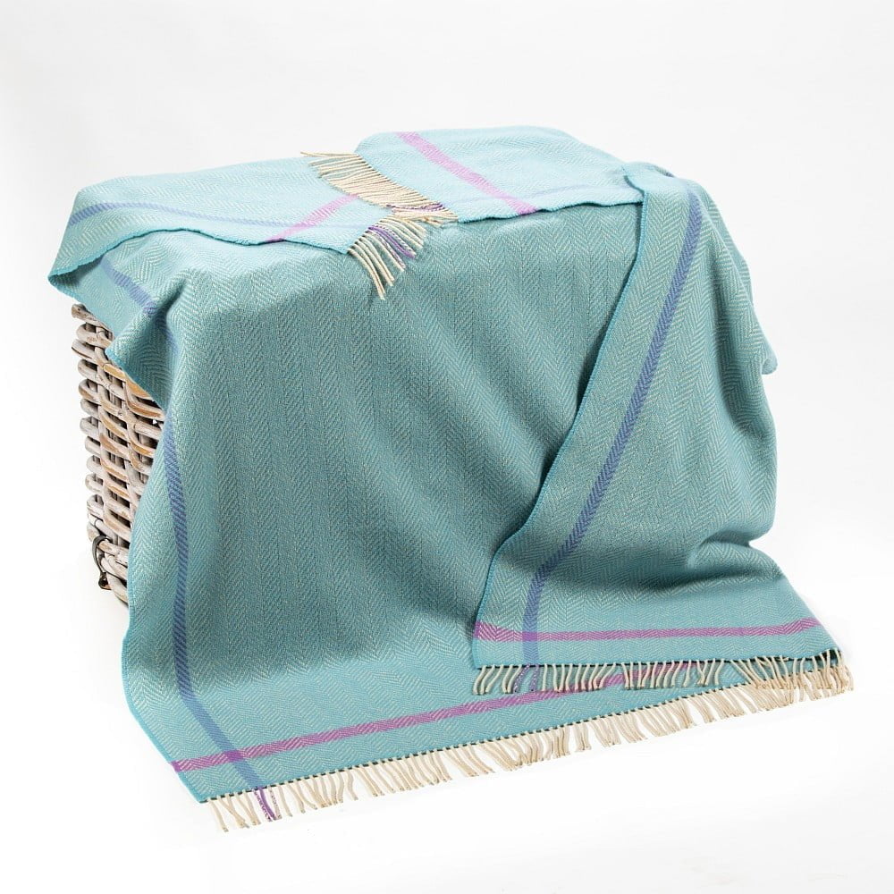 Merino Wool Cashmere Throw Aqua Cream Purple Herringbone