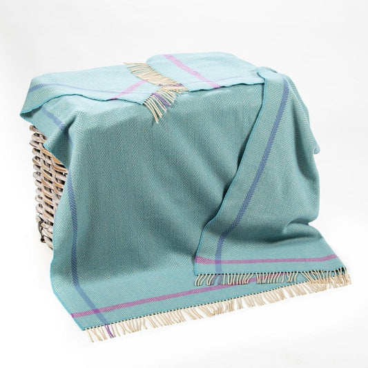 Merino Wool Cashmere Throw Aqua Cream Purple Herringbone