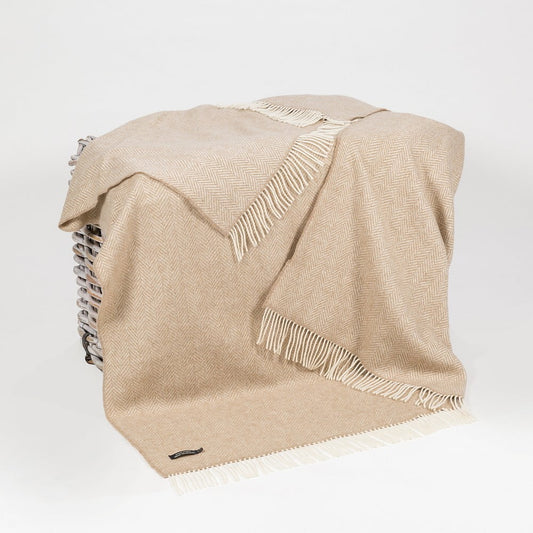 Merino Wool Cashmere Throw Beige Herringbone