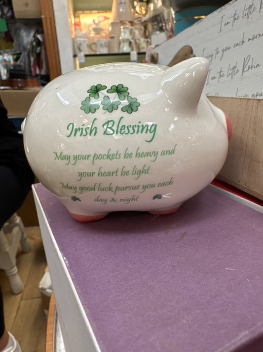 Porcelain Ceramic Pink Piggy Bank Irish Blessing