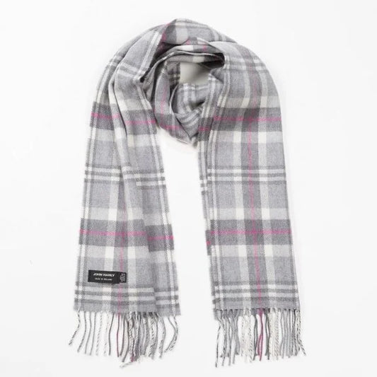 Merino Luxury Wool Scarf Pale Grey White & Pink Check
