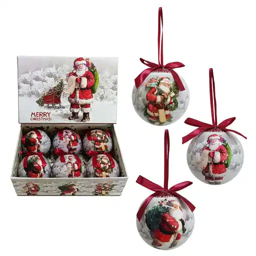 Set of 6pcs 75mm Baubles w/santa scene in a rectangular Gift Box