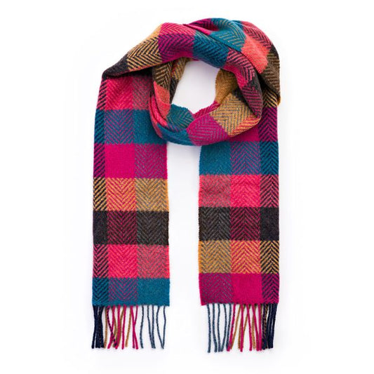 Irish Cashmere Merino Scarf Pink Coral Teal Herringbone Block